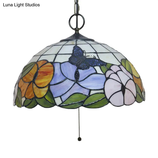 Black Baroque Stained Glass Chandelier Pendant Light Kit - 3-Bulb Domed Design With Petal Pattern