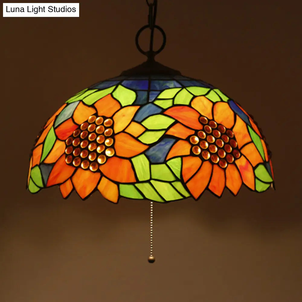 Black Baroque Stained Glass Chandelier Pendant Light Kit - 3-Bulb Domed Design With Petal Pattern /