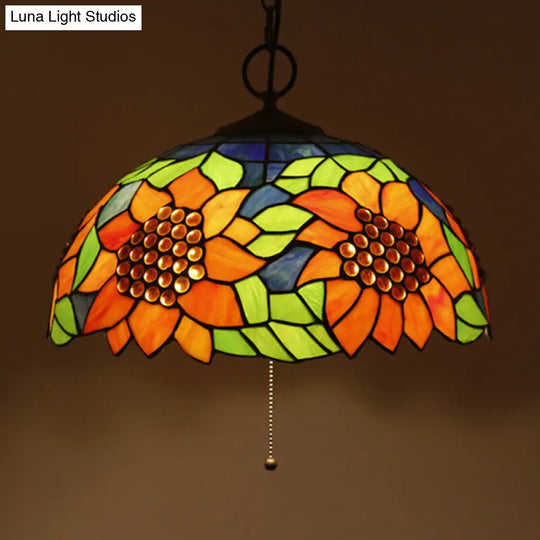 Black Baroque Stained Glass Chandelier Pendant Light Kit - 3-Bulb Domed Design With Petal Pattern /