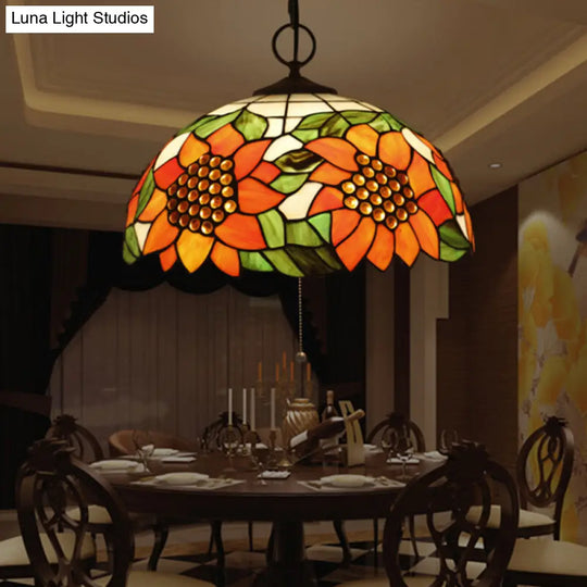 Black Baroque Stained Glass Chandelier Pendant Light Kit - 3-Bulb Domed Design With Petal Pattern