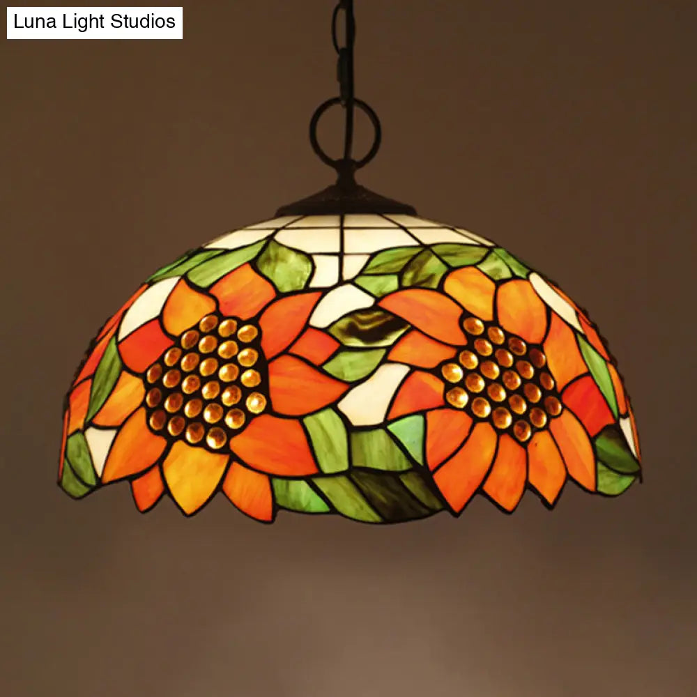 Black Baroque Stained Glass Chandelier Pendant Light Kit - 3-Bulb Domed Design With Petal Pattern /