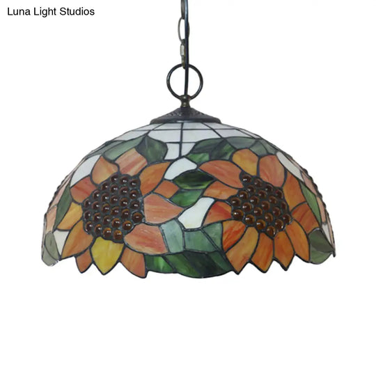 Black Baroque Stained Glass Chandelier Pendant Light Kit - 3-Bulb Domed Design With Petal Pattern