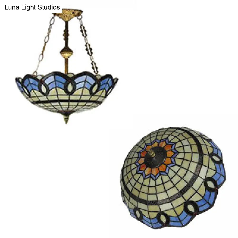 Baroque Style Brass Ceiling Lights - 2-Light Dome Semi Flush Mount With Chain And Art Glass Shade