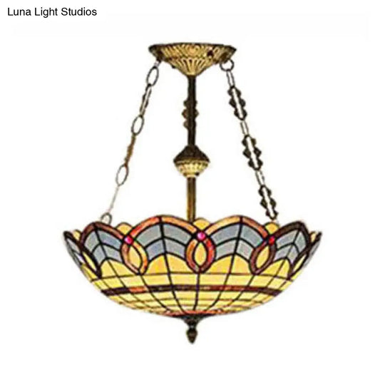 Baroque Style Brass Ceiling Lights - 2-Light Dome Semi Flush Mount With Chain And Art Glass Shade