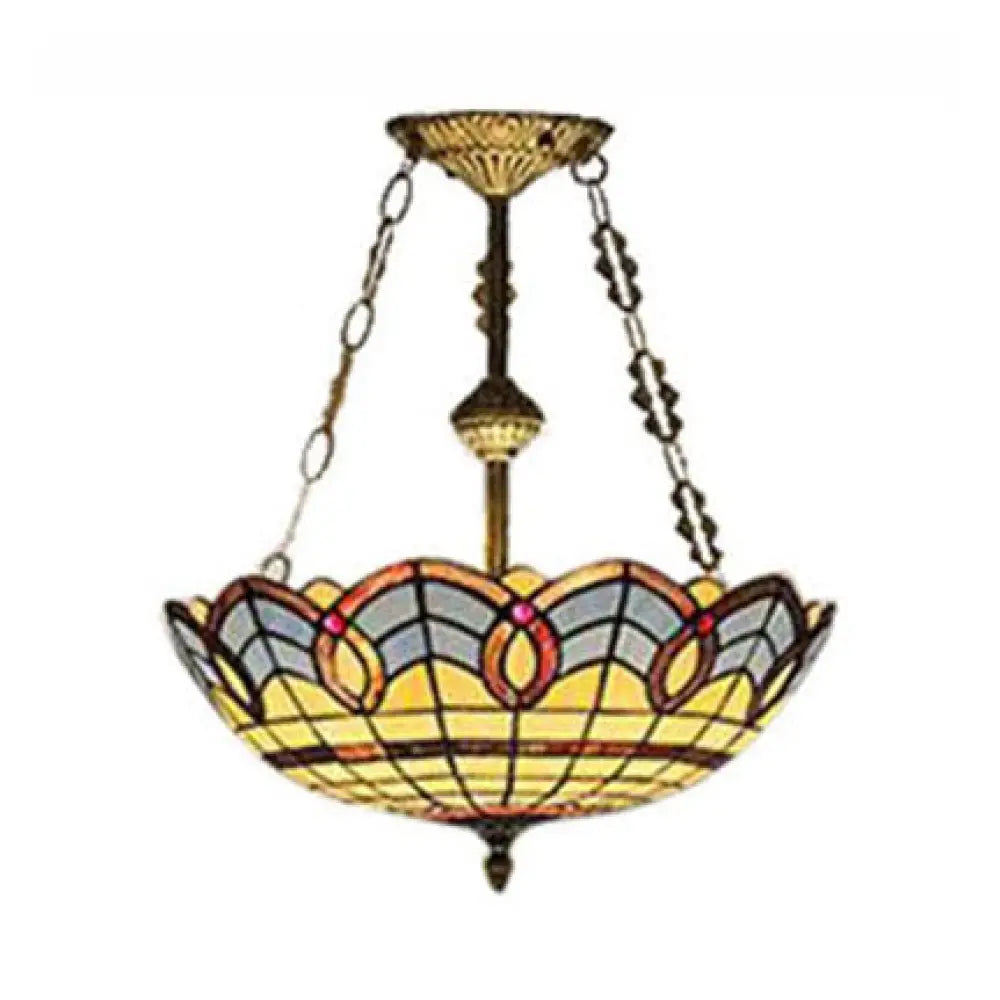 Baroque Style Brass Ceiling Lights - 2 - Light Dome Semi Flush Mount With Chain And Art Glass Shade