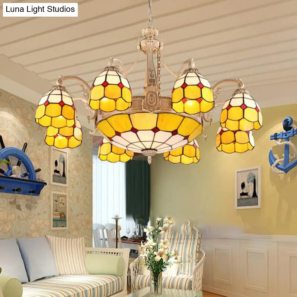 Grid Patterned Chandelier Lighting In Yellow/Blue - Baroque Style With Hand Cut Glass Pendant Lamp