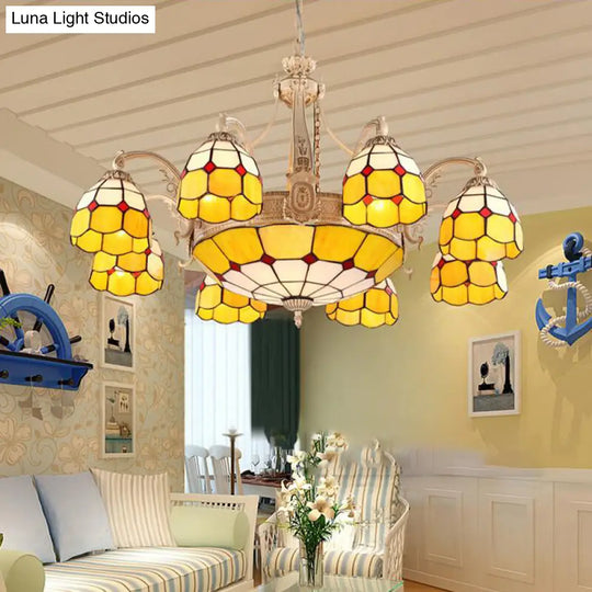 Grid Patterned Chandelier Lighting In Yellow/Blue - Baroque Style With Hand Cut Glass Pendant Lamp