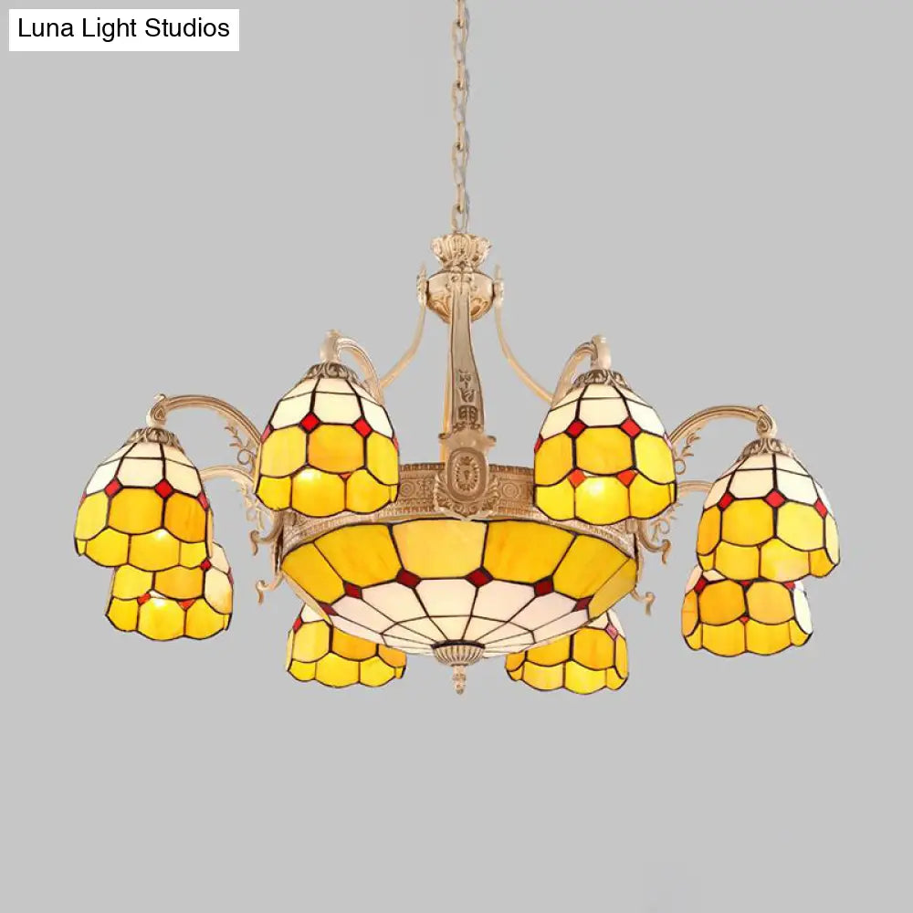 Baroque Style Chandelier With 9/11 Hand-Cut Glass Pendant Lights In Yellow/Blue Grid Pattern For