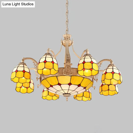 Baroque Style Chandelier With 9/11 Hand-Cut Glass Pendant Lights In Yellow/Blue Grid Pattern For