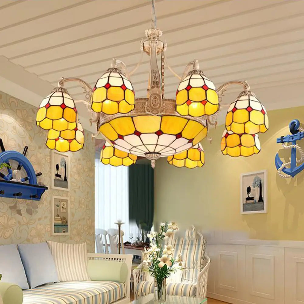 Baroque Style Chandelier With 9/11 Hand-Cut Glass Pendant Lights In Yellow/Blue Grid Pattern For