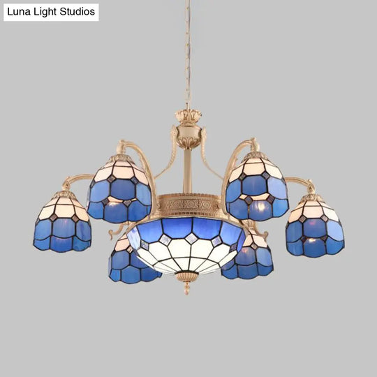 Grid Patterned Chandelier Lighting In Yellow/Blue - Baroque Style With Hand Cut Glass Pendant Lamp