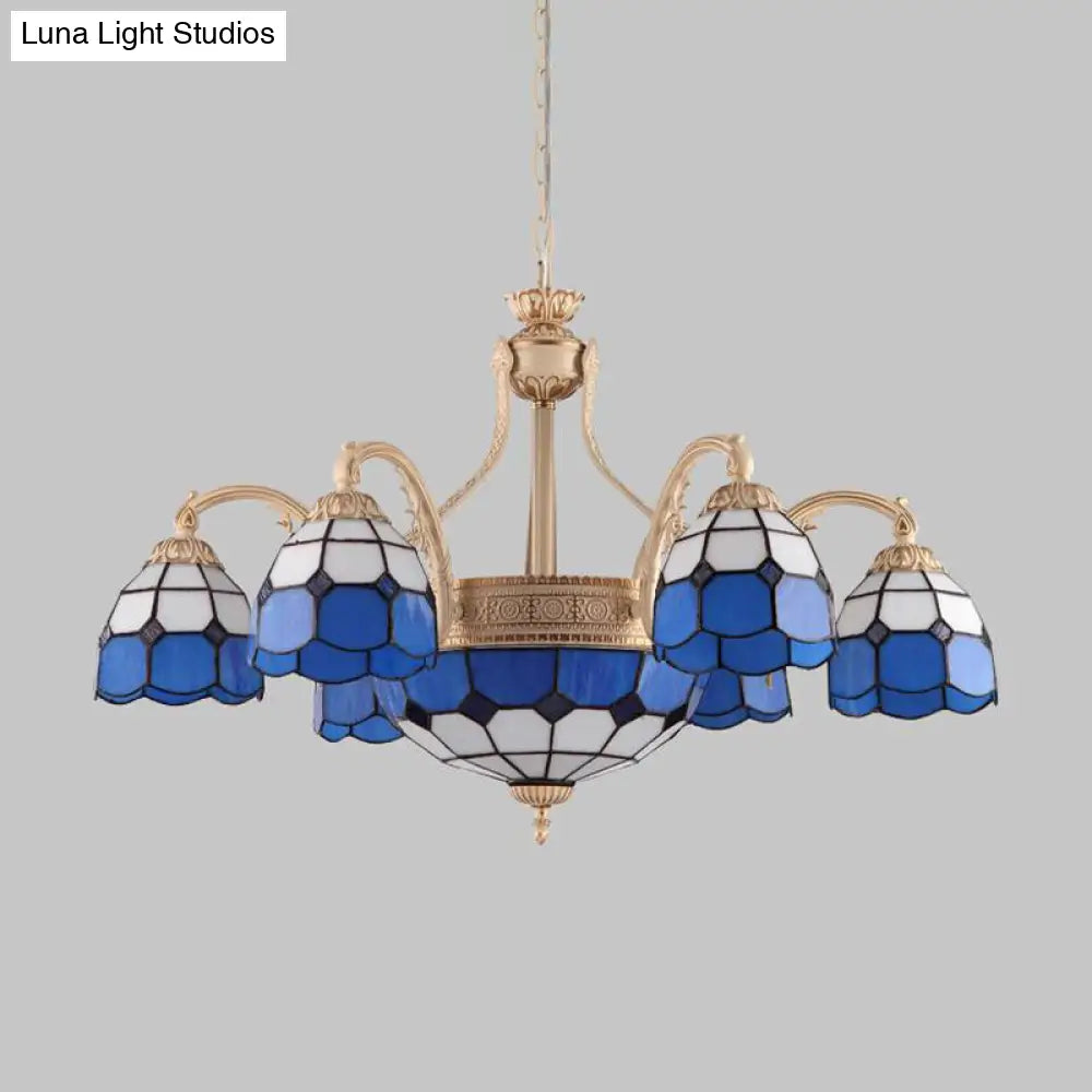 Grid Patterned Chandelier Lighting In Yellow/Blue - Baroque Style With Hand Cut Glass Pendant Lamp