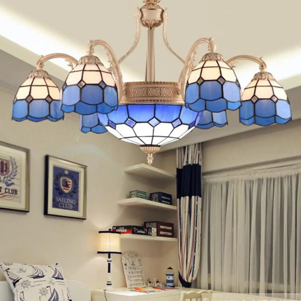 Baroque Style Chandelier With 9/11 Hand-Cut Glass Pendant Lights In Yellow/Blue Grid Pattern For