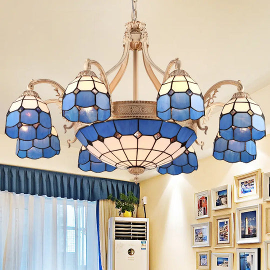 Baroque Style Chandelier With 9/11 Hand-Cut Glass Pendant Lights In Yellow/Blue Grid Pattern For