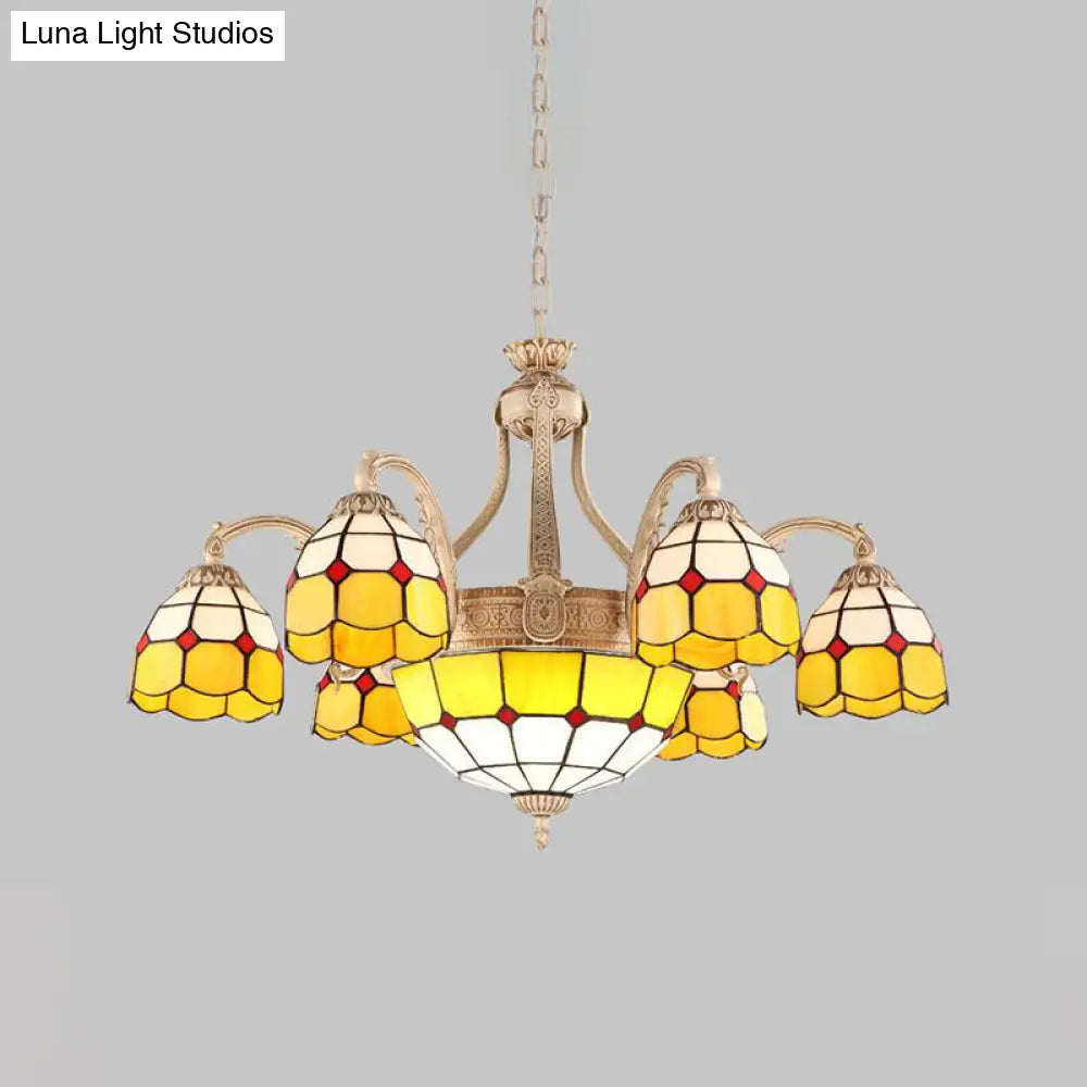 Baroque Style Chandelier With 9/11 Hand-Cut Glass Pendant Lights In Yellow/Blue Grid Pattern For