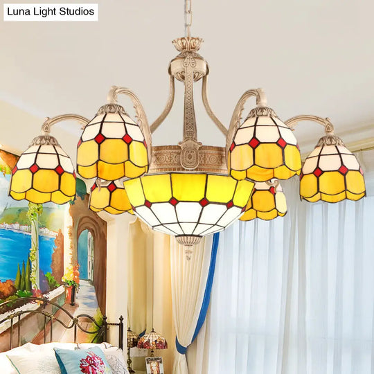 Grid Patterned Chandelier Lighting In Yellow/Blue - Baroque Style With Hand Cut Glass Pendant Lamp