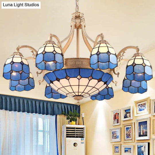 Grid Patterned Chandelier Lighting In Yellow/Blue - Baroque Style With Hand Cut Glass Pendant Lamp