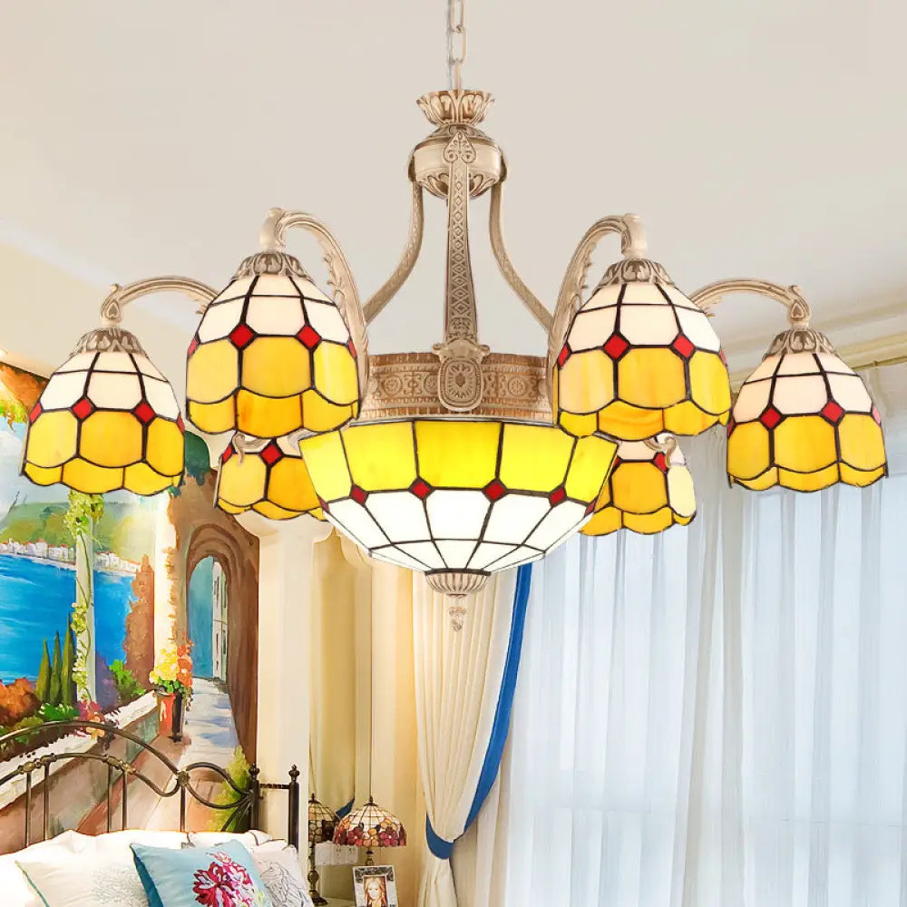 Baroque Style Chandelier With 9/11 Hand-Cut Glass Pendant Lights In Yellow/Blue Grid Pattern For