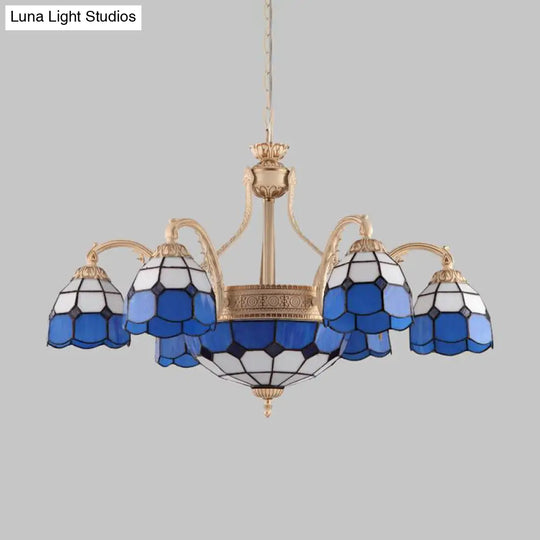 Baroque Style Chandelier With 9/11 Hand-Cut Glass Pendant Lights In Yellow/Blue Grid Pattern For