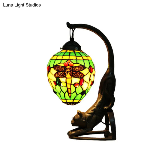 Baroque Style Dragonfly Desk Lamp With 1 Light - Red/Green Cat Table For Bedroom