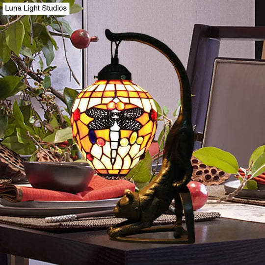 Baroque Style Dragonfly Desk Lamp With 1 Light - Red/Green Cat Table For Bedroom