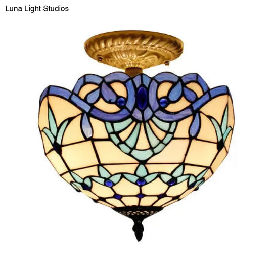 Baroque Style 2-Light Glass Ceiling Fixture With Jewel Decoration And Semi-Flush Mount For Bedroom