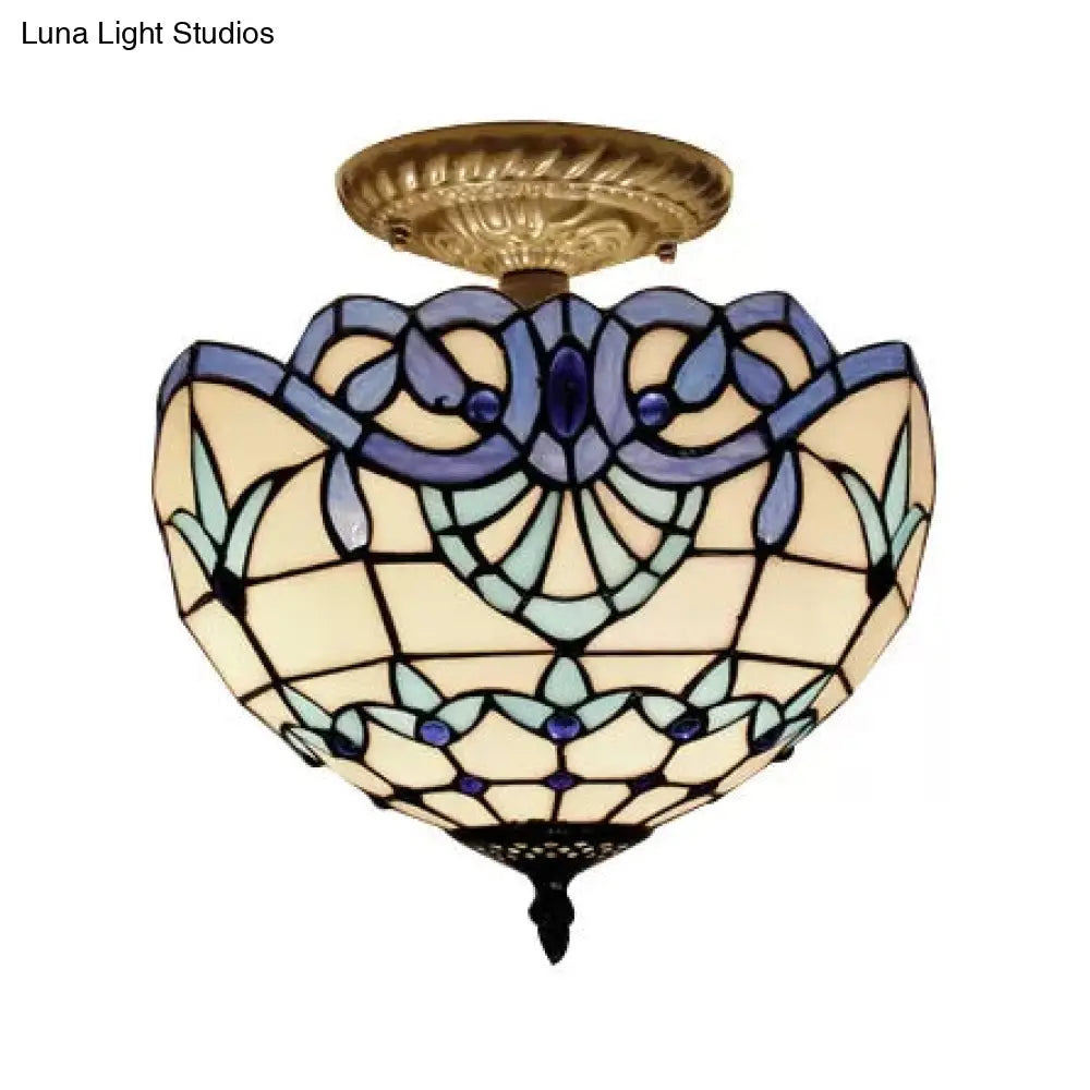 Baroque Style 2-Light Glass Ceiling Fixture With Jewel Decoration And Semi-Flush Mount For Bedroom