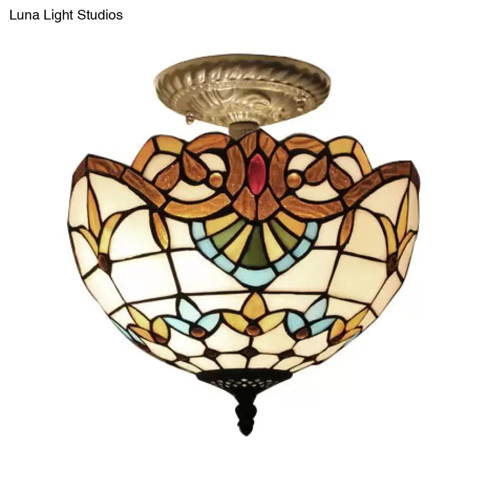 Baroque Style Glass Ceiling Light With Jewel Decoration - 2-Light Domed Semi Flush Mount For Bedroom