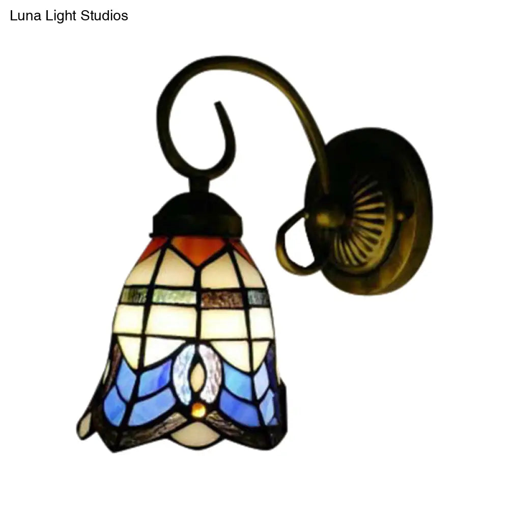 Baroque Style Grid Bell Wall Light Stained Glass Sconce For Kitchen - Beige (8/6 W)