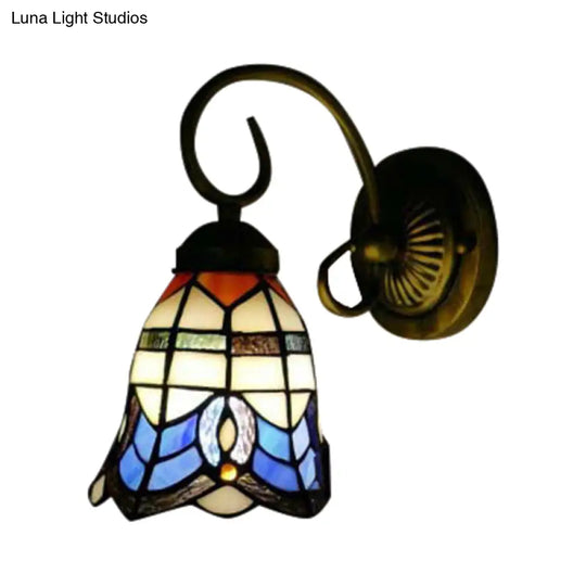 Baroque Style Grid Bell Wall Light Stained Glass Sconce For Kitchen - Beige (8/6 W)