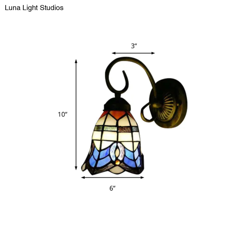 Baroque Style Grid Bell Wall Light Stained Glass Sconce For Kitchen - Beige (8/6 W)