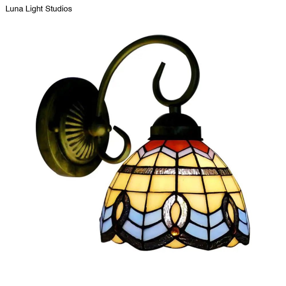 Baroque Style Grid Bell Wall Light Stained Glass Sconce For Kitchen - Beige (8/6 W)