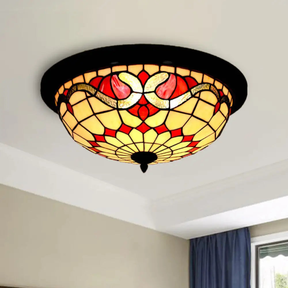 Baroque Style Led Ceiling Light For Bedroom - Stained Glass Black Flushmount Bowl Shape