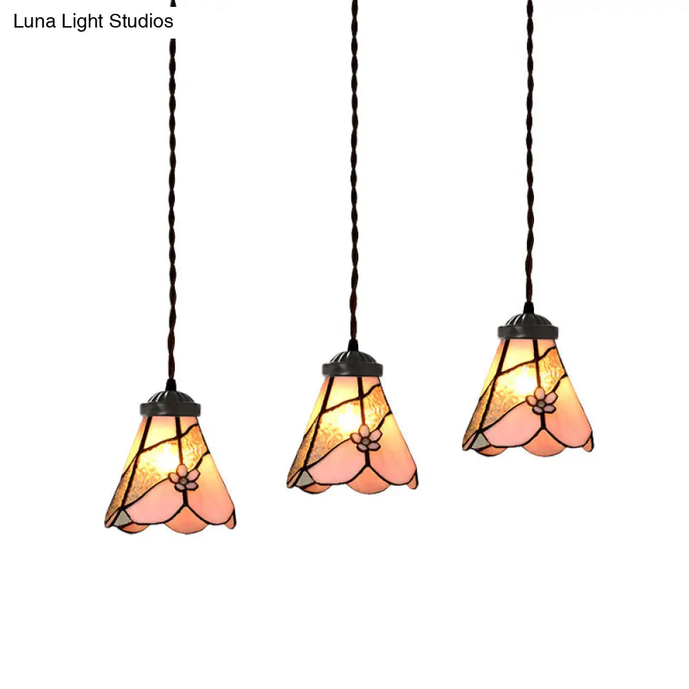 Baroque Style Pink Stained Glass Pendant Light Kit For Dining Room With 3 Bulbs