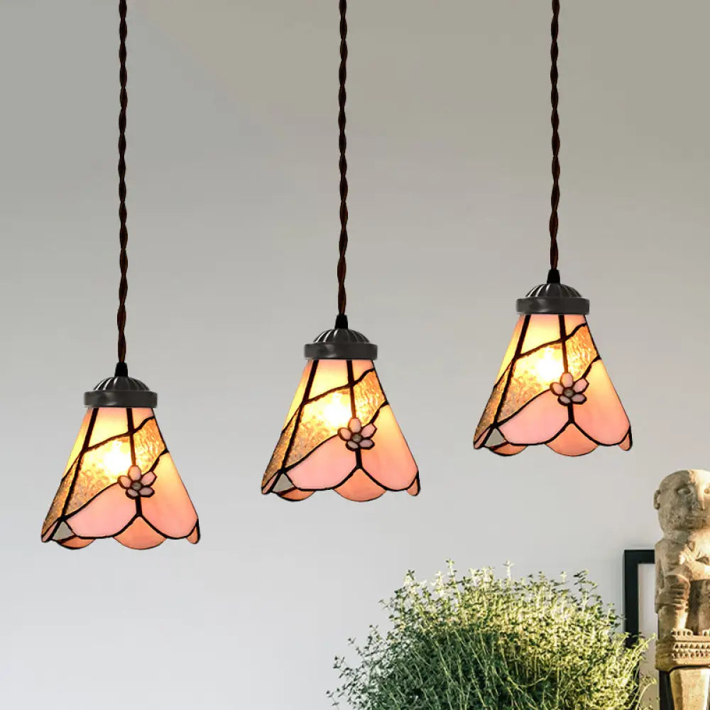 Baroque Style Pink Stained Glass Pendant Light Kit For Dining Room With 3 Bulbs / Flower