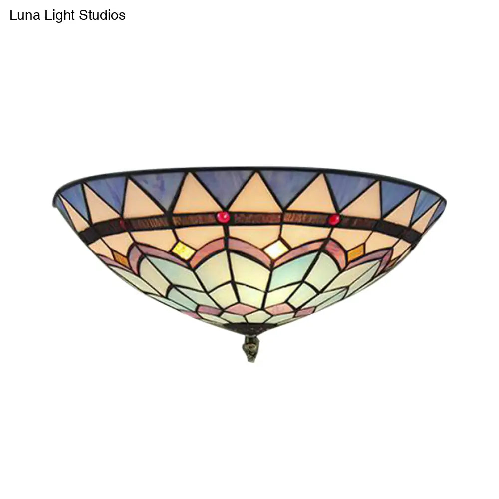 Baroque Style Stained Glass Ceiling Light - Bedroom Flush Mount With Jewel Decor & Bowl Shade Blue
