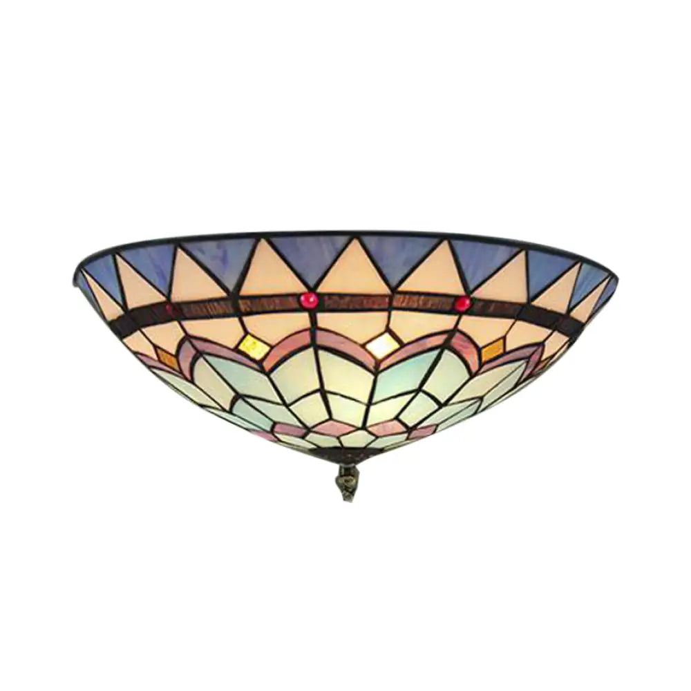 Baroque Style Stained Glass Ceiling Light - Bedroom Flush Mount With Jewel Decor & Bowl Shade Blue