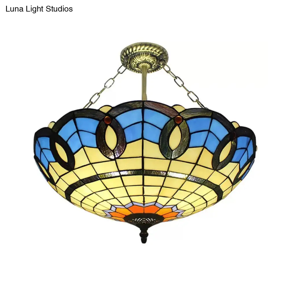 Baroque Style Stained Glass Ceiling Light For Bedroom - Chain Mounted Semi Flush Mount Bowl Lighting