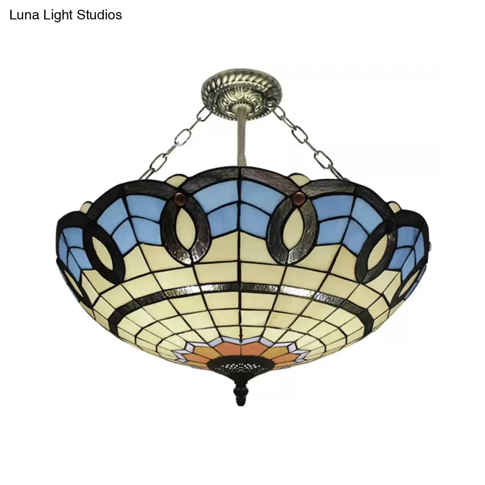 Baroque Style Stained Glass Ceiling Light For Bedroom - Chain Mounted Semi Flush Mount Bowl Lighting