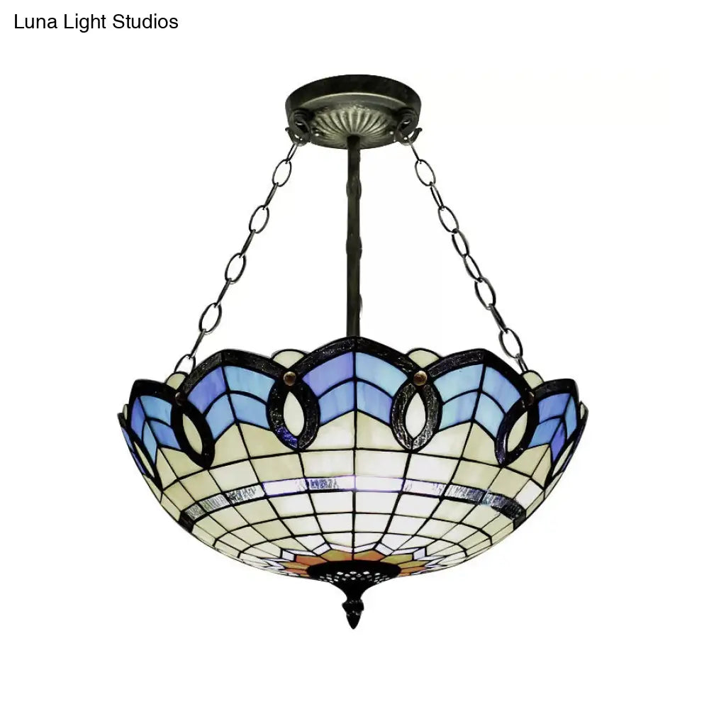 Baroque Style Stained Glass Ceiling Light For Bedroom - Chain Mounted Semi Flush Mount Bowl Lighting