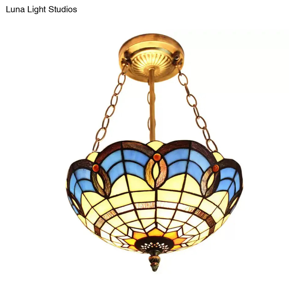 Baroque Style Stained Glass Ceiling Light For Bedroom - Chain Mounted Semi Flush Mount Bowl Lighting