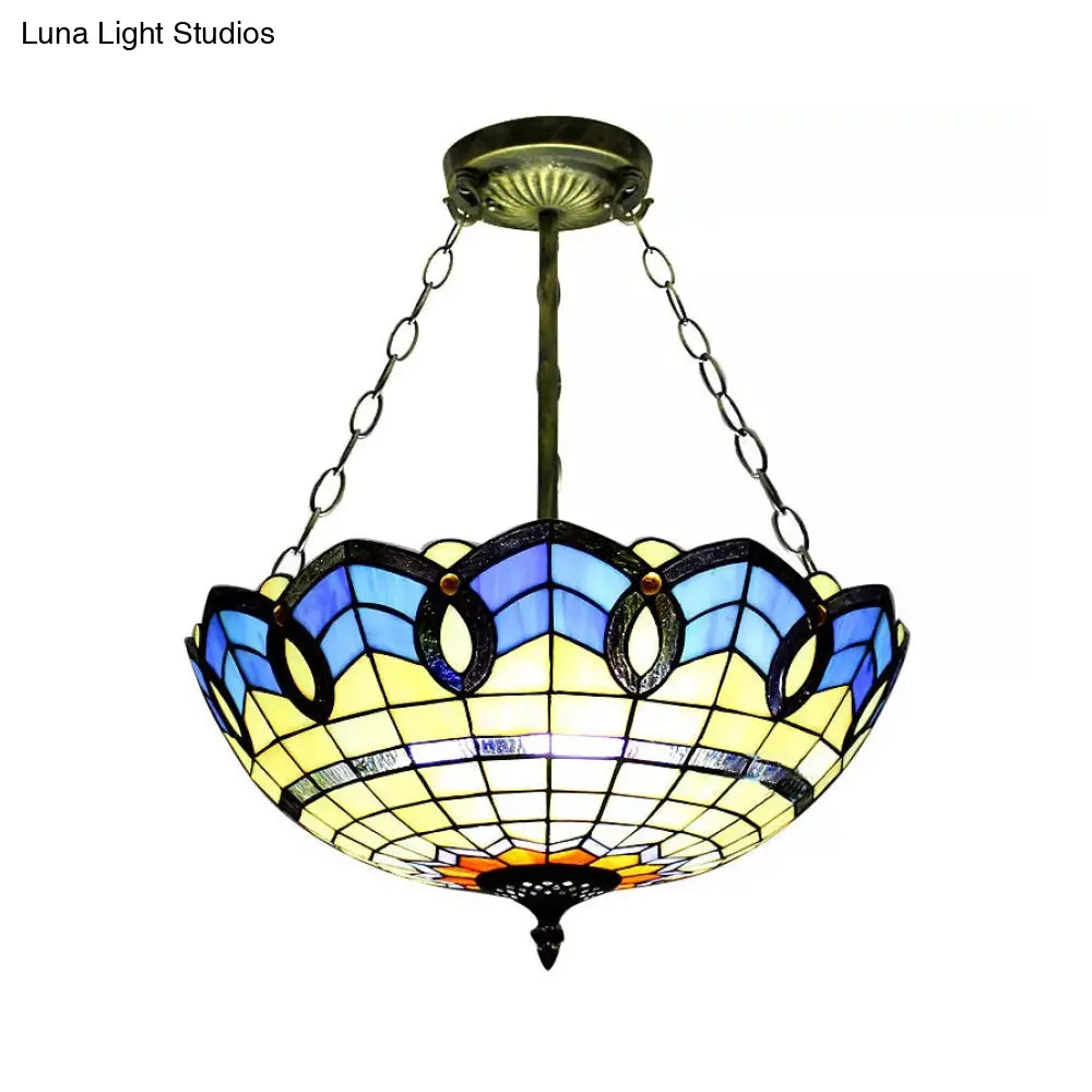 Baroque Style Stained Glass Ceiling Light For Bedroom - Chain Mounted Semi Flush Mount Bowl Lighting