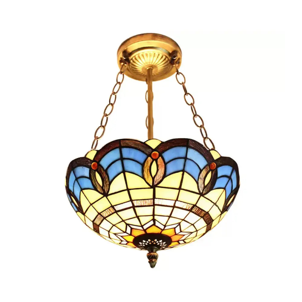 Baroque Style Stained Glass Ceiling Light For Bedroom - Chain Mounted Semi Flush Mount Bowl