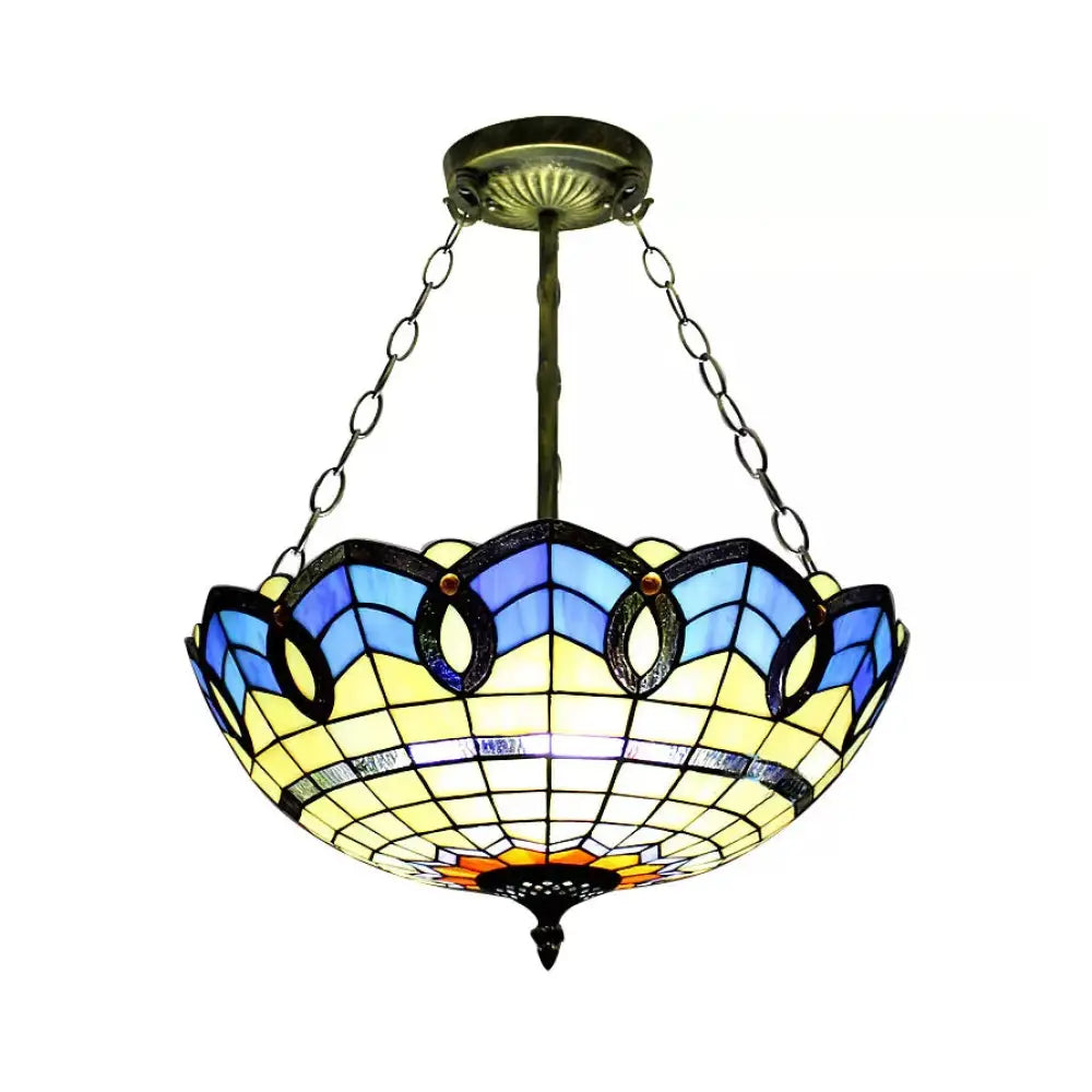 Baroque Style Stained Glass Ceiling Light For Bedroom - Chain Mounted Semi Flush Mount Bowl