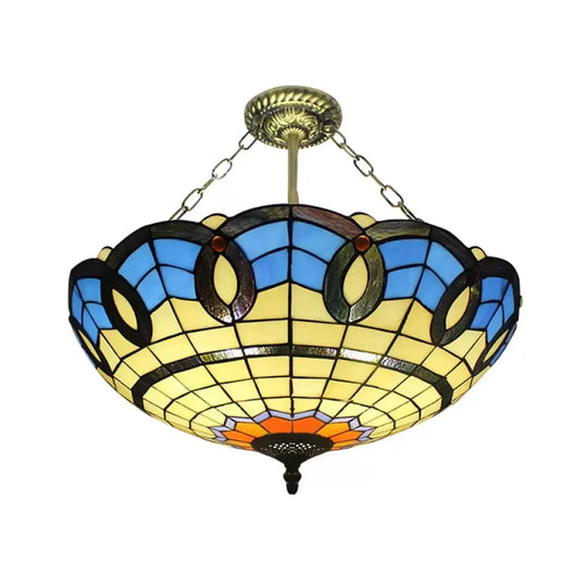 Baroque Style Stained Glass Ceiling Light For Bedroom - Chain Mounted Semi Flush Mount Bowl