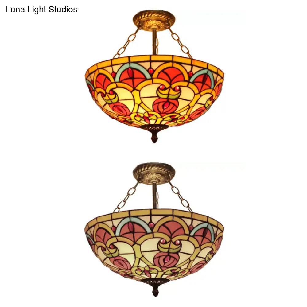 Baroque Style Stained Glass Ceiling Light Semi Flush Mount Fixture For Bedroom