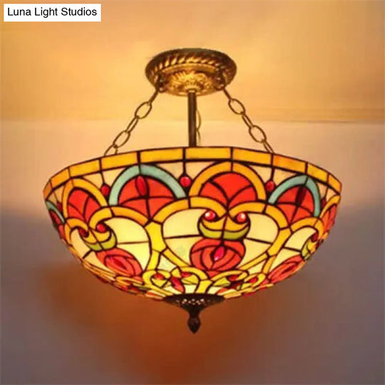 Baroque Style Stained Glass Ceiling Light Semi Flush Mount Fixture For Bedroom Brass / 12