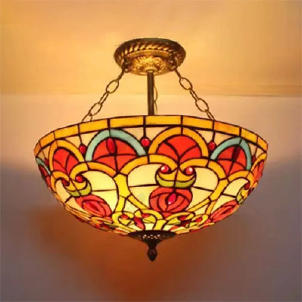 Baroque Style Stained Glass Ceiling Light Semi Flush Mount Fixture For Bedroom Brass / 12’