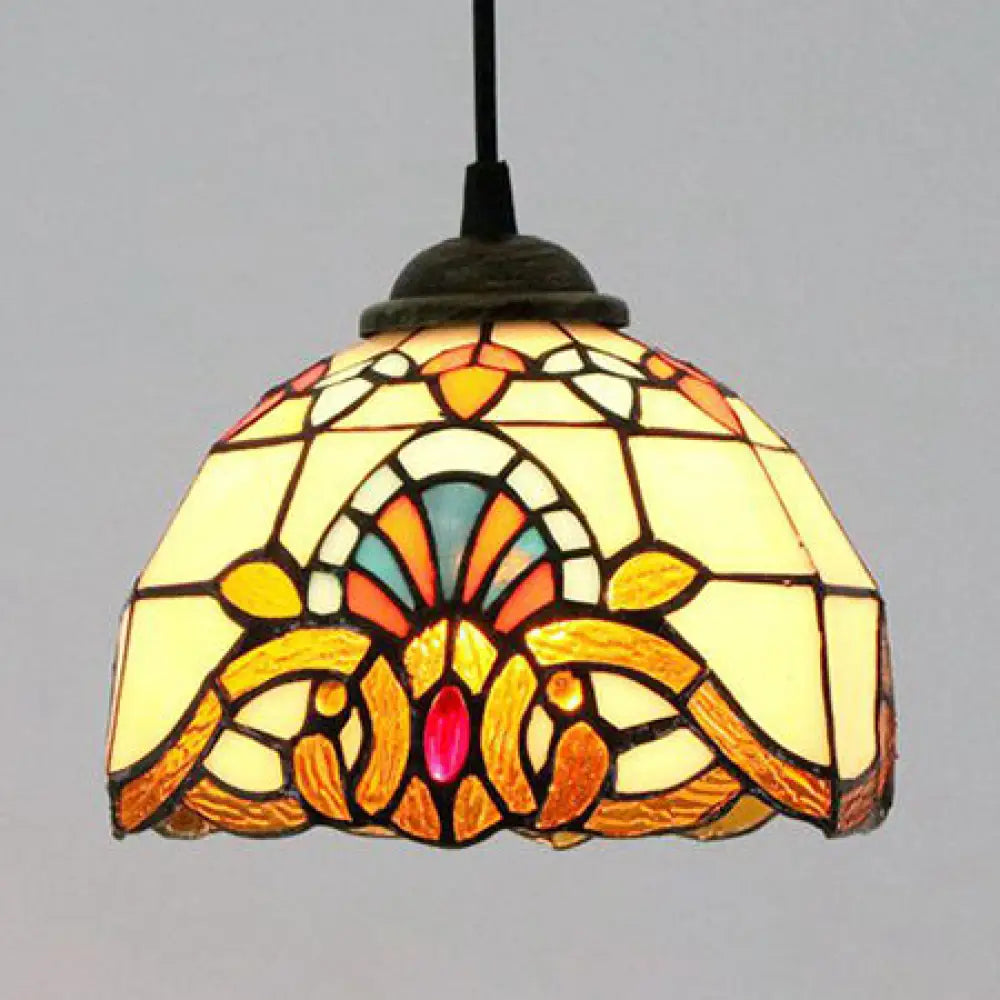 Baroque Style Stained Glass Dome Pendant Light With Hanging Cord Yellow