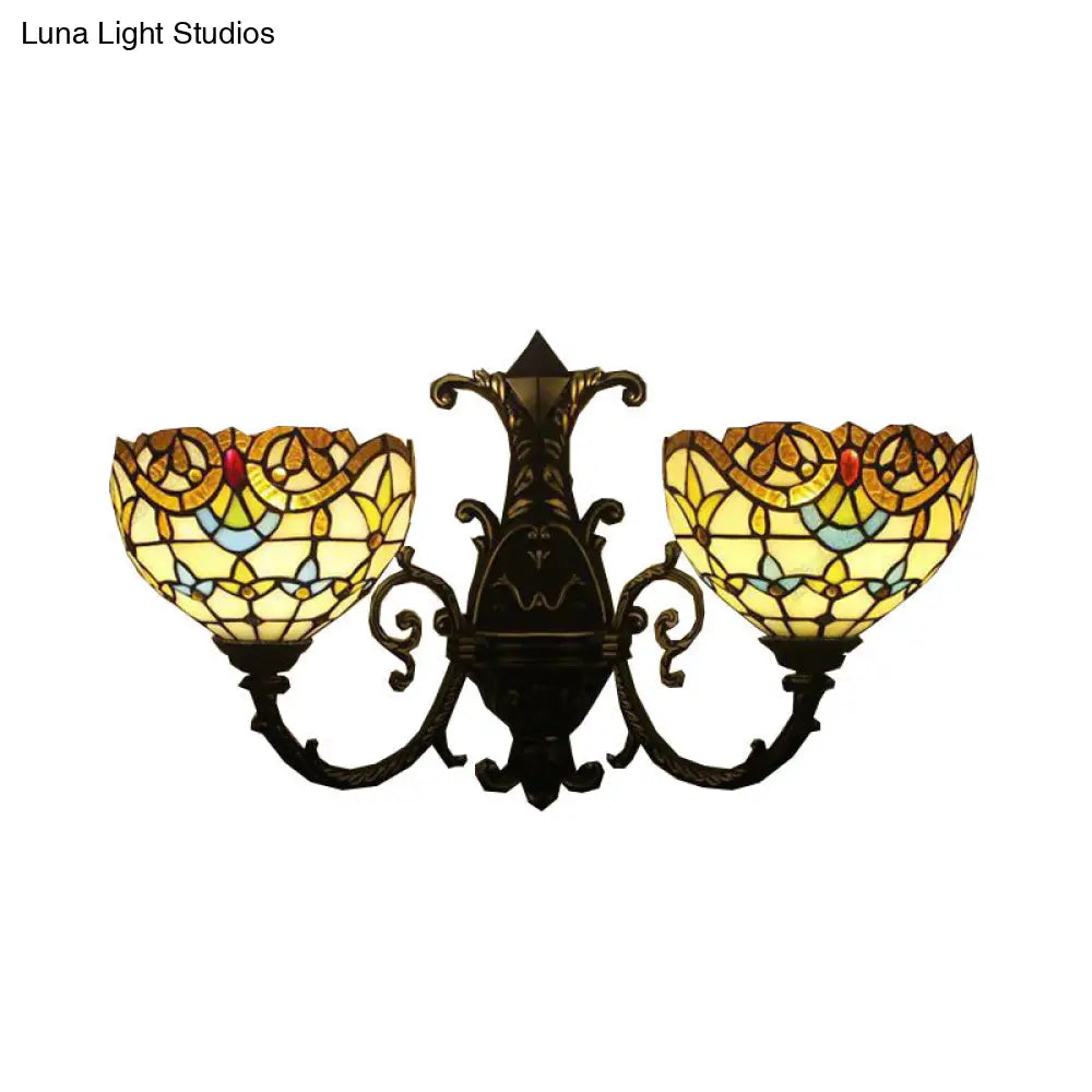 Baroque-Style Stained Glass Double Wall Sconce Lamp In Brown/Blue - Perfect For Dining Room Décor!